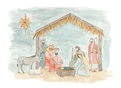 a nativity scene with baby jesus in the manger, and three wise men