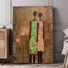 Original Colorful Silhouettes Wall Art Cute Brown Large Figure Painting Abstract Artwork For Living Room People Paintings, Abstract People, Color Abstract, Linen Canvas, Large Abstract, Acrylic Paints, Silver Frame, Emerging Artists, And Sign