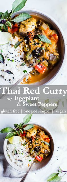 thai red curry with eggplant and sweet peppers in a bowl on top of rice