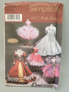 the sewing pattern for dolls is shown in three different colors and sizes, including dresses