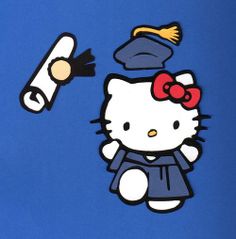 an image of hello kitty with graduation cap and gown cut out on blue paper background