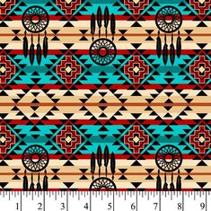 an image of native american style pattern with feathers and arrows on blue, brown and red colors