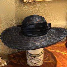 This Is A Lovely Intricate Weaved Large Brim Black Straw Vintage Hat With A Large Ruffled Straw Bow Trimmed With Satin And Black Feathers. The Designer Is Toucan Collection New York. This Beautiful Hat Is In Pristine Condition. Vintage Hat, Black Feathers, Beautiful Hats, Wide Brimmed, Hats Vintage, Feathers, Straw, Satin, Women Accessories