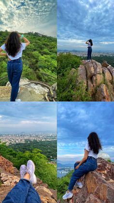 four pictures of a woman sitting on top of a rock with her legs crossed and looking at the sky