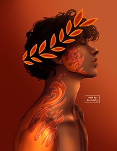 a digital painting of a woman's face with orange leaves on her head and chest