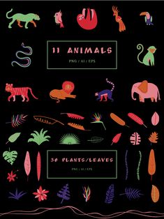 an animal themed poster with plants and leaves on it's black backgroung