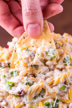 a hand dipping a tortilla chip into a bowl filled with chicken and cheese