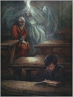 a painting of two children sitting at a table with an open book in front of them