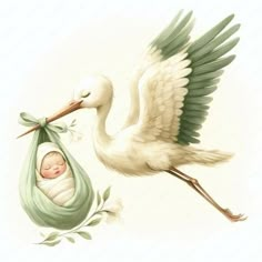 a stork is carrying a baby in a green bag and it's wings are spread out