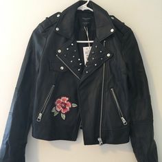 Faux Leather Motorbike Leather Jacket Flower Embroidered Details Zara Faux Fur Coat, Oversized Puffer Coat, Cropped Trench Coat, Zara Jacket, Navy Blue Jacket, Red Plaid Flannel, Faux Leather Biker Jacket, Zara Leather, Aviator Jackets