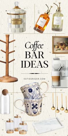 coffee bar ideas for the kitchen and dining room, including cups, saucers, spoons