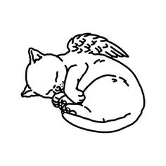 a black and white drawing of a cat sleeping on top of a round object with wings