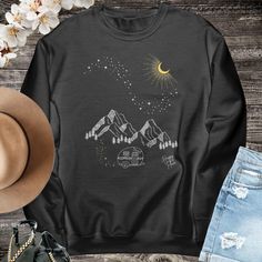 Solar Eclipse Happy Place Sweatshirt, Camping / Caravan Gift for Her.  Grab your Solar Eclipse Happy Place Sweatshirt or buy as a gift for someone special in your life. Would make a perfect Birthday, Christmas, Valentine's Day, Anniversary or Mother's Day gift. This sweatshirt is so warm and cozy you won't want to take it off!! Matches perfectly with a pair of leggings in Fall or a pair of shorts in those warmer months. Casual enough to wear around the campsite yet stylish enough to wear out in Caravan Gifts, Gift For Campers, Rv Gifts, Camping Caravan, Gifts For Campers, Comfy Sweater, Vintage Camping, Outdoor Shirt, Camp Shirt