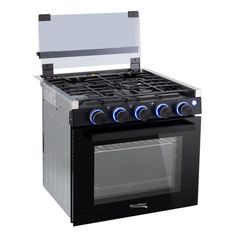 an electric stove with two burners and one oven door open, on a white background