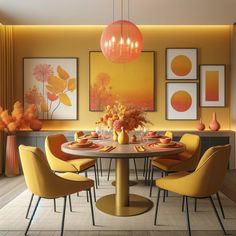 a dining room table with yellow chairs and art on the wall behind it, along with orange vases