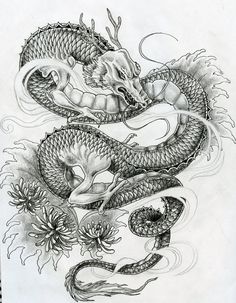 a drawing of a dragon with flowers on it