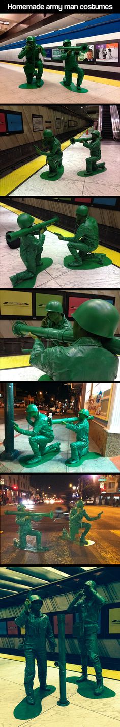 four different views of green objects on display in a store window, with the reflection of another object behind them