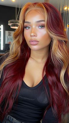 Get the Burgundy Hair of Your Dreams: 25 Expert Ideas for a Stylish Makeover | Lookosm Caramel And Red Hair, Multi Colored Red Hair, Multicolor Highlights For Dark Hair, Celebrity Red Hair, Black Woman Colored Hair, Red Hair With Skunk Stripe, Red Hair Fall 2024, Hair Color For Medium Length Hair, Hair Styles For Red Hair