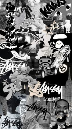 a collage of various images with graffiti on them