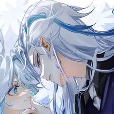 two anime characters with white hair and blue eyes, one holding the other's head