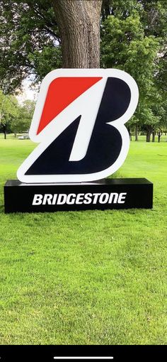 a large sign sitting in the grass next to a tree