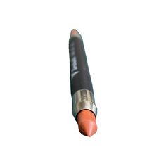 a close up of a black and orange lipstick with a silver tip on the end