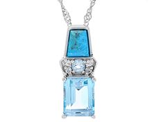 3.15ct Rectangular Octagonal And 0.12ctw Round Glacier Topaz™, Freeform Cabochon Composite Turquoise With .07ctw Zircon Rhodium Over Sterling Silver Pendant With Singapore Chain. Measures Approximately 1"L x 0.39"W. 3.5mm bail. Lobster clasp with 2"extender. Accents stone primarily zircon. This product contains composite turquoise. This means separate pieces of turquoise were bound together. Luxury Blue Topaz Round Pendant Jewelry, Luxury Topaz Pendant Necklace, Hallmarked Blue Topaz Pendant Jewelry, Light Blue Blue Topaz Pendant Necklace, Nickel-free Blue Turquoise Necklace With Round Pendant, Sky Blue Topaz, Blue Topaz, Sterling Silver Pendants, Silver Pendant