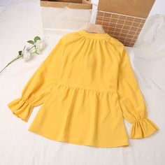 Women's Lace up V-neck Ruffle Long Sleeved Casual Shirt Blouse Fall V-neck Top With Ruffle Hem, Feminine V-neck Top With Ruffle Hem, Spring V-neck Peplum Top With Ruffle Hem, V-neck Solid Color Tops For Brunch, Spring V-neck Shirt, Feminine Yellow V-neck Blouse, Spring V-neck Shirt For Brunch, Spring Lantern Sleeve Blouse In Solid Color, Spring Solid Color Lantern Sleeve Blouse