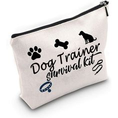 a white dog trainer survival kit with black writing on the front and paw prints on the inside