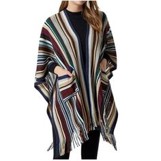 This Beautiful Shawl Scarf Is A Must-Have For Any Fashion-Forward Woman. With Its Eye-Catching Striped Pattern And Colorful Theme, It's Perfect For Adding A Pop Of Color To Any Outfit. Made From Polyester In A Knit Fabric, This Shawl Scarf Is Suitable For All Seasons, Including Winter. It Features Outside Pockets And Split Design, Adding Practicality To Its Stylish Look. Whether You're Heading To Work Or Going Out For A Night On The Town, This Wrap Winter Shawl Scarf Will Keep You Warm And Looki Kimono Shrug, Stripes Pattern Design, Cape Shawl, Cozy Wrap, Winter Shawl, Fringed Poncho, Casual Outerwear, Shawl Scarf, Knit Tunic