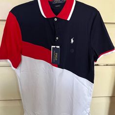 Ralph Lauren Polo Shirt Size: Small-Classic Fit Color: Red, White, Blue New With Tag Summer Color Block Polo Collar Shirt, Cotton Color Block Collared Top, Fitted Color Block Polo Shirt With Short Sleeves, Fitted Color Block Short Sleeve Polo Shirt, Fitted Navy Color Block Tops, Fitted Blue Color Block Shirt, White Color Block Collared Tops, Fitted Cotton Shirt With Color Block, Fitted Cotton Color Block Shirt