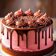 a chocolate cake with pink icing and chocolate sprinkles on the top