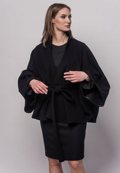 Black Wool Coat - Poncho - Cloak - Jacket -  Cape  with Belt Elegant Spring Outerwear With Kimono Sleeves, Formal Cape Outerwear For Spring, Formal Spring Cape Outerwear, Elegant Winter Outerwear With Kimono Sleeves, Wool Cape For Formal Occasions, Formal Wool Cape Outerwear, Black Winter Outerwear With Kimono Sleeves, Black Outerwear With Kimono Sleeves For Winter, Black Outerwear With Kimono Sleeves For Work