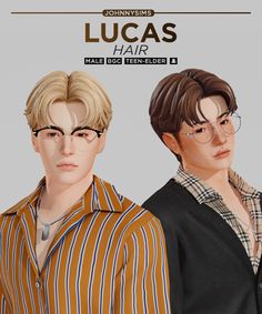 two young men wearing glasses and shirts with the caption lucas hair male doc terraced