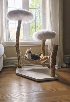 a cat laying in a hammock made out of branches and fluffy white clouds