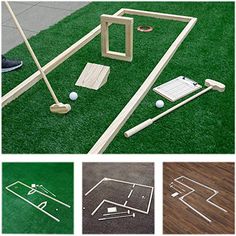 several different types of wooden games on the grass with balls and tees in them