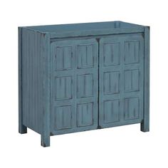 a blue cabinet with three doors on one side and two drawers on the other