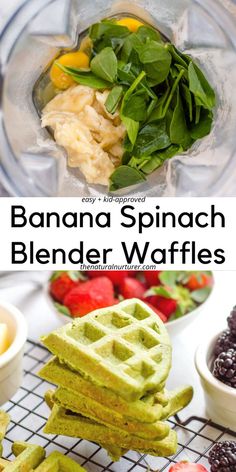 banana spinach blender waffles on a cooling rack with fruit and vegetables in the background