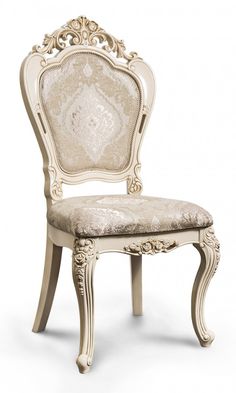 an ornate chair with a white back and beige upholstered seat, against a white background