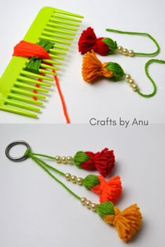 two pictures of different types of hair combs with beads and tassels on them