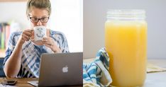 a woman sitting at a table with a laptop and orange juice in front of her