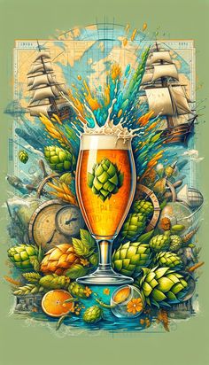 a painting of a glass filled with beer and hops next to an old ship