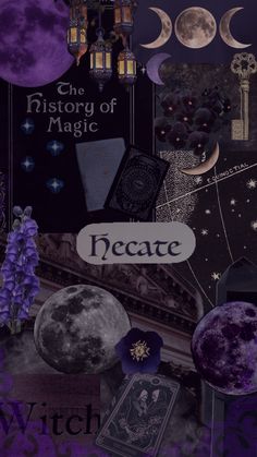 a collage of images with the moon, books and other things on it's cover