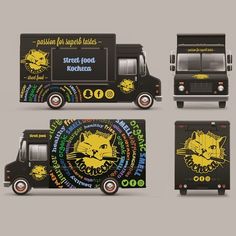 three food trucks with different designs on them