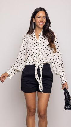 Features: Top Longsleeve Polka Dot Tie Up at center Collar 80599 T94 White Dress Top, Jumpsuit And Blazer, Polka Dot Tie, Usa Outfit, Flower Detail, Business Outfits, Floral Dress Black, Top Sales, Floral Midi Dress