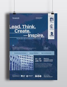 a blue and white poster with the words lead think create inspire on it's side