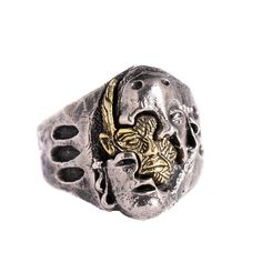 "Mixed metal Japanese ko-omote mask ring is unique piece of jewelry, that will bring touch of mystery to your look. The word \"Ko\" represents cuteness, youth and beauty. \"Omote\" means face. The mask reflects a very young woman. It is one of the well known female masks. If you want to surprise someone with something special and unique, this ring is a perfect gift. Available in 925 Sterling Silver with Brass and Brass with 925 Sterling Silver Ring Size Available in all sizes. Please be sure to Symbolic Skull Open Ring As Gift, Symbolic Skull Ring Gift, Symbolic Skull Ring With Open Design, Symbolic Skull Ring Gift Open Ring, Handmade Unique Metal Skull Ring, Adjustable Silver Jewelry For Masquerade, Symbolic Metal Skull Ring For Collectors, Fantasy Style Silver Metal Rings, Fantasy Style Silver Rings Made Of Metal