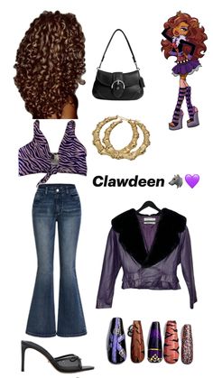 several different types of clothes and shoes with the name clawden on it's chest