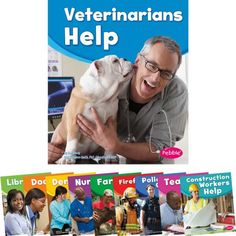 a man holding a small dog in front of him and two books about veterinaians help