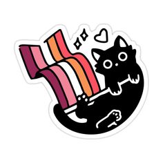 a sticker with a black cat sitting on top of a striped boat and the words love